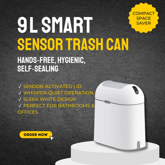 Compact 9L white smart trash can with sensor-activated lid and whisper-quiet operation, ideal for bathrooms and office use.