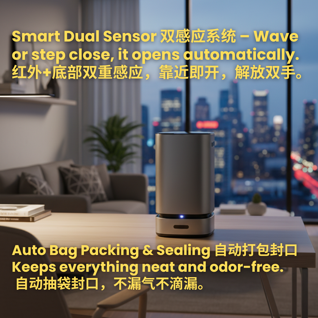 智能感应垃圾桶 - 60升不锈钢,自动盖,自封袋,防水,适用于厨房、办公室、浴室 - 钛灰色