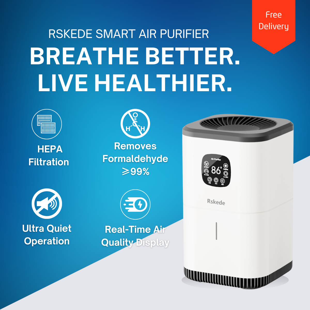 RSKede Smart Air Purifier – Voice-Controlled, HEPA + Carbon Filter, 1292 Sq Ft Coverage, Removes 99% VOCs & Formaldehyde