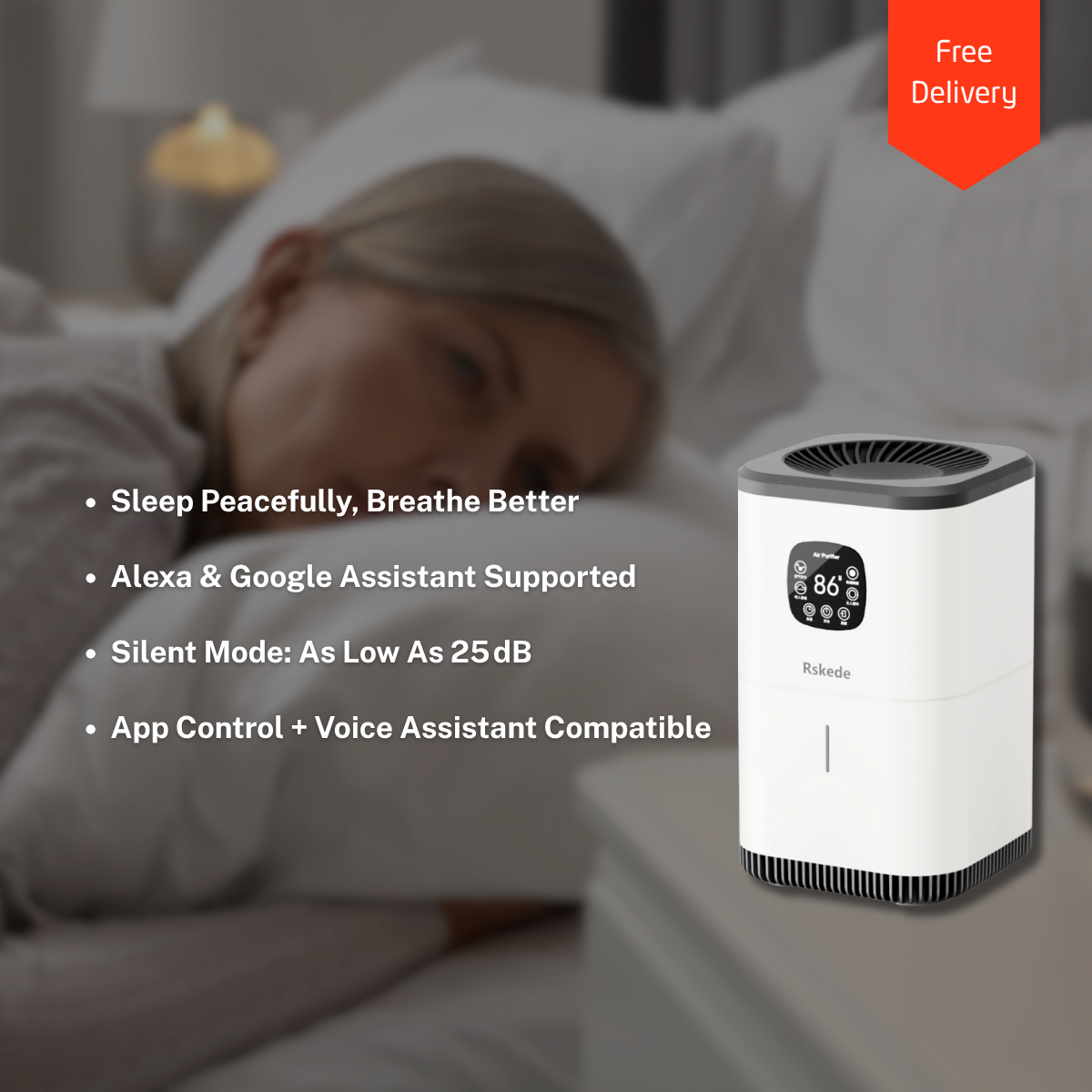 RSKede Smart Air Purifier – Voice-Controlled, HEPA + Carbon Filter, 1292 Sq Ft Coverage, Removes 99% VOCs & Formaldehyde