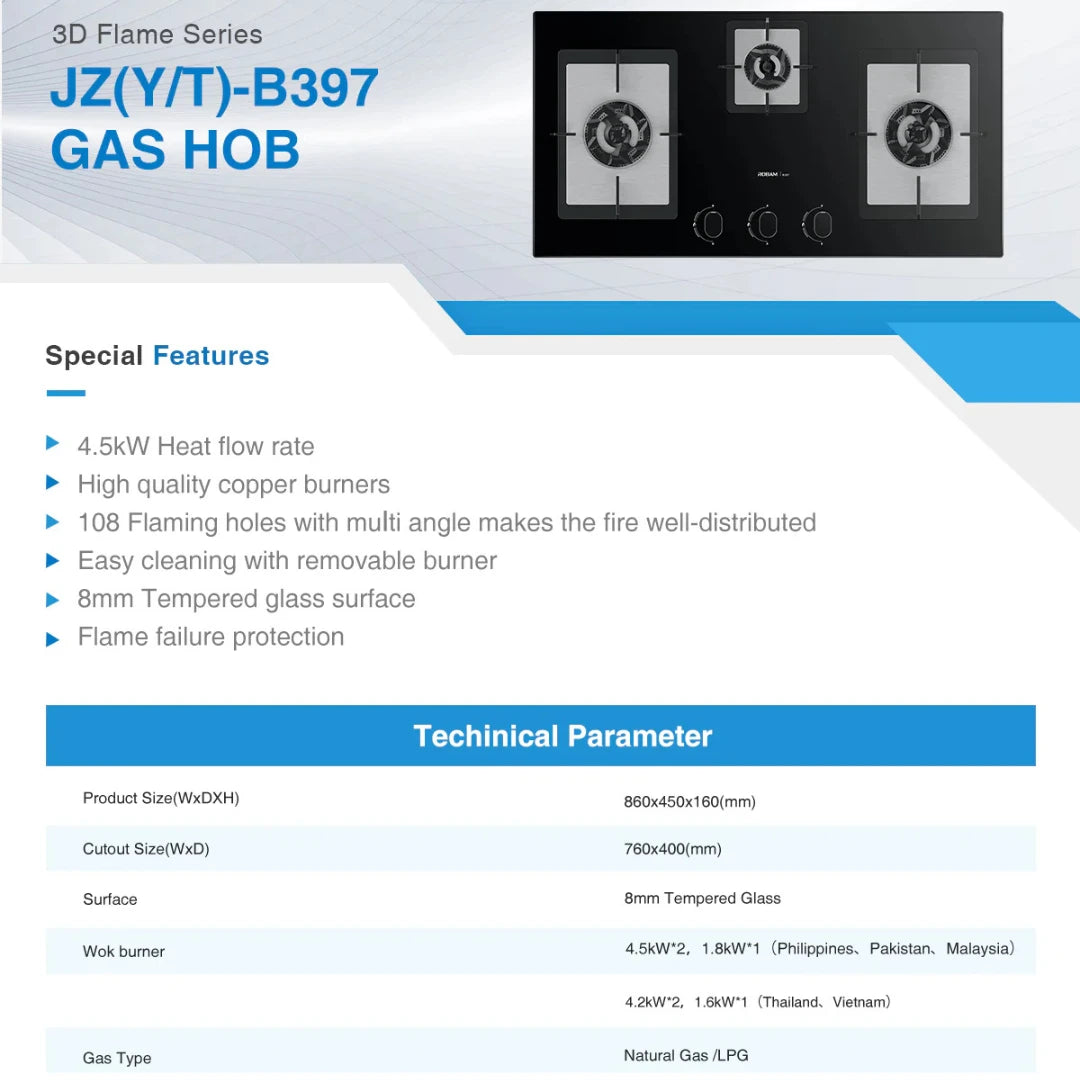 Robam JZ(Y/T)-B397 Gas Hob – 3D Flame Series, 4.5kW Copper Burners, 8mm Tempered Glass