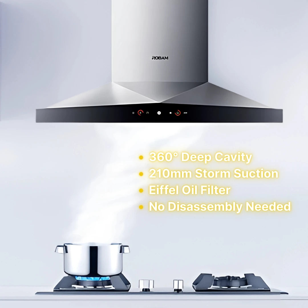 A829 TornadoEye 360 Deep Cavity Range Hood – 210mm Storm Suction, Eiffel Oil Filter, No Disassembly Needed