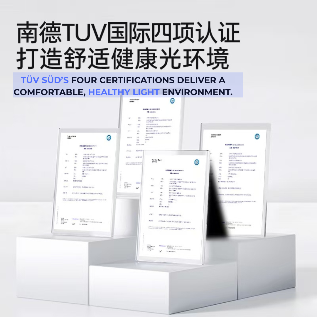 Certificates on a stand with Tötén branding and text about certifications.