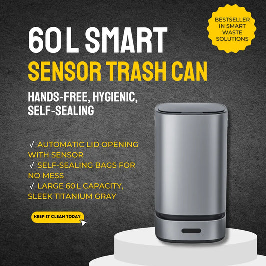 60 L titanium gray smart trash can with sensor-activated automatic lid and self-sealing bag feature.