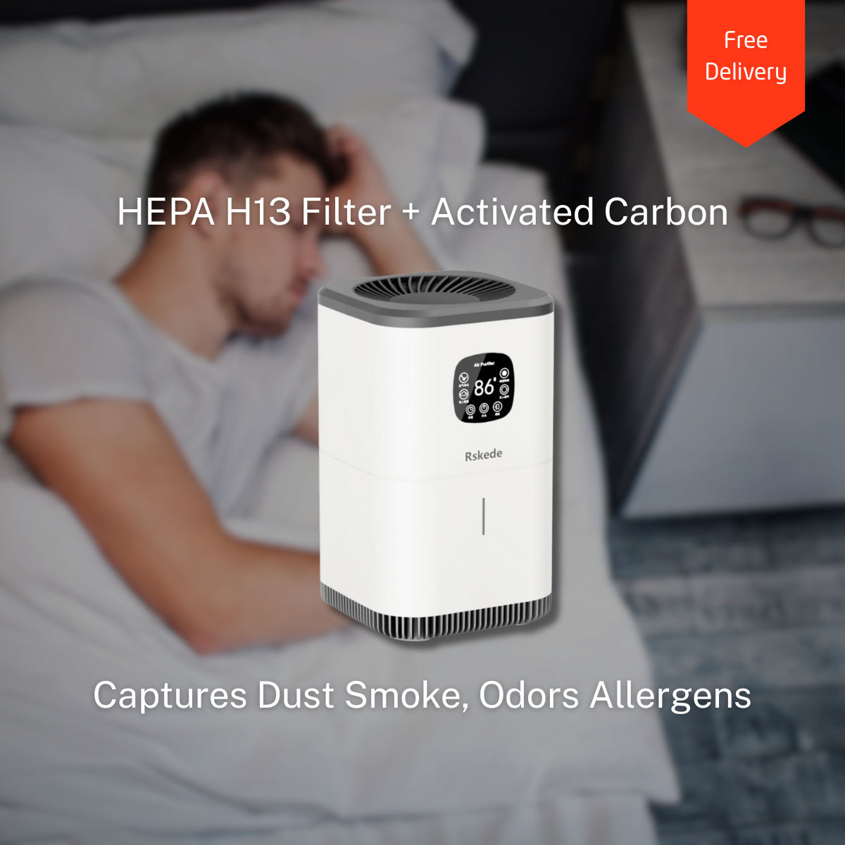 RSKede Smart Air Purifier – Voice-Controlled, HEPA + Carbon Filter, 1292 Sq Ft Coverage, Removes 99% VOCs & Formaldehyde