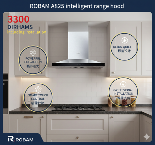 A825 智能抽油烟机 – 易清洁设计，配备双核 5.0 电机和自动空气净化功能